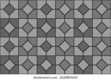 Seamless square tile pattern with diamond corners and central square. Ideal for for game backgrounds, digital interfaces, wallpaper designs, architectural mockups, and minimalist visual layouts.