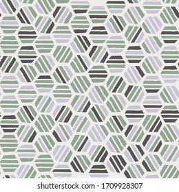 Seamless square tranquil pastel hexagon mosaic geo pattern. Serene gentle peaceful tile print. Trendy deco geometric random repeat vector pattern.
