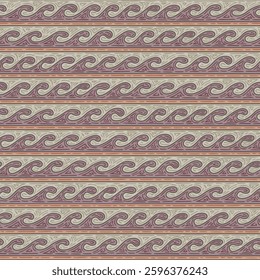 A seamless square vector pattern featuring horizontal running waves inspired by Central Asian nomadic traditions, in a soft palette of white, orange, purple and lilac with grey outline