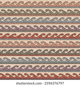 A seamless square vector pattern featuring horizontal meander waves in vibrant colours inspired by Central Asian nomadic carpets like syrmak and kilim