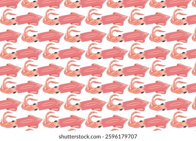 Seamless squid pattern on a white background. Perfect for seafood-related designs, restaurant branding, fabric prints, and ocean-themed projects.