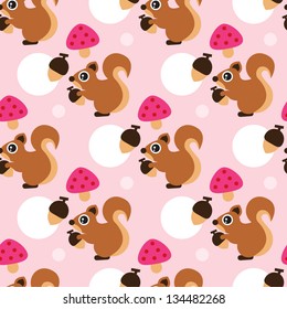 Seamless squirrel eating nut illustration pink background pattern for girls in vector