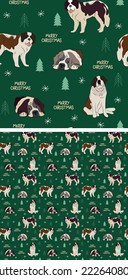 Seamless St Bernard dog pattern, holiday texture. Square format, t-shirt, poster, packaging, textile, textile, fabric, decoration, wrapping paper. Trendy hand-drawn dog wallpaper. Holiday background. 