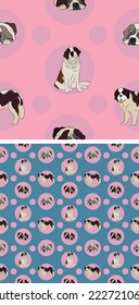 Seamless St Bernard dog pattern, holiday texture. Square format. Pink, blue packaging, textile, fabric, decoration, wrapping paper.Trendy hand-drawn dogs wallpaper. Holiday background with circles.