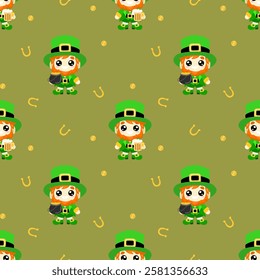 Seamless St. Patrick’s Day pattern with cute leprechauns, horseshoes, and gold coins on a green background. Perfect for festive decor, textiles, wrapping paper, and digital projects.