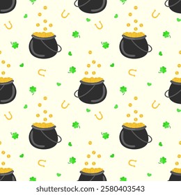 A seamless St. Patrick’s Day pattern featuring pots of gold, lucky shamrocks, and golden horseshoes on a light background. Perfect for festive designs, textiles, wallpapers, and wrapping paper.