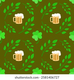 A seamless St. Patrick’s Day pattern featuring beer mugs, shamrocks, and green leaves on a dark background. Perfect for festive designs, textiles, wrapping paper, and digital decorations