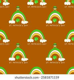 Seamless St. Patrick’s Day pattern featuring a cute leprechaun standing on a green and gold rainbow with a lucky shamrock. Perfect for festive designs, wrapping paper, textiles, and digital projects.