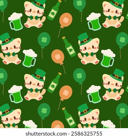 A seamless St. Patrick’s Day pattern featuring a kawaii leprechaun cat, green beer, clover balloons, and festive elements.