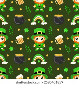 Seamless St. Patrick’s Day pattern with leprechauns, shamrocks, pots of gold, beer mugs, and rainbows on a green background. Perfect for festive designs, fabrics, and digital projects.