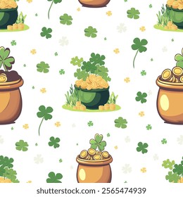 Seamless St. Patrick’s Day Pattern with Pots of Gold and Clovers. Gold Coins and Shamrocks Repeating Design. Festive Irish-Themed Pattern with Lucky Symbols