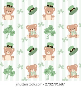 Seamless St Patrick’s Day teddy bear pattern with green hats, clovers, bows, and soft pastel stripes
