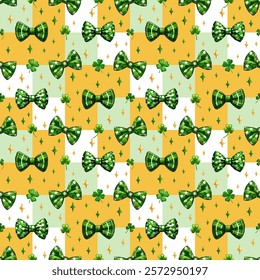 Seamless st patrick celebration pattern, green bow tie, clovers, festive holiday yellow background, traditional irish lucky repeat, charming textile, fabric, playful, whimsical, joyful, decorative