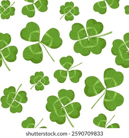 Seamless St. Patrick s Day Shamrock Pattern, Green Clover Leaves on White Background