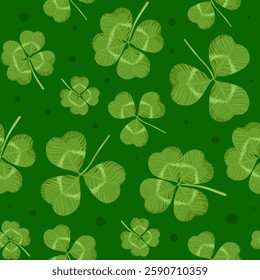 Seamless St. Patrick s Day Shamrock Pattern, Green Clover Leaves on green Background