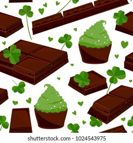 Seamless St. Patrick's day background with clover leaves chocolate bars, and green cupcakes. Vector illustration