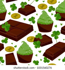 Seamless St. Patrick's day background with clover leaves chocolate bars, green cupcakes, and coins. Vector illustration