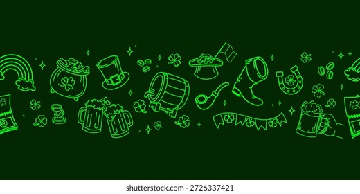 Patrón de borde sin fisuras del día de San Patricio en estilo de arte de línea verde con tazas de cerveza, tréboles, monedas, arco iris, sombrero de duende, botas, pipa y símbolos irlandeses festivos. Ilustración vectorial