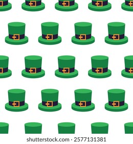 Seamless St. Patrick's Day green hat pattern. A seamless repeating pattern of green St. Patrick's Day hats with gold buckles, perfect for festive designs and decorations	