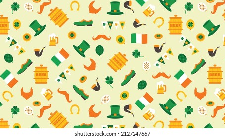 Seamless St. Patrick's Day Pattern with beer, flag, leaves, balloon, coin, hat, shoe, label, mustache, beard, cigarettes. etc. You can use this as a background or wallpaper.