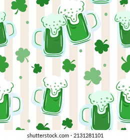 Seamless St. Patrick's Day pattern of Irish symbols. Green clover leaf and other hand drawn elements. Vector backgrounds for holiday invitation, greeting card or flyer