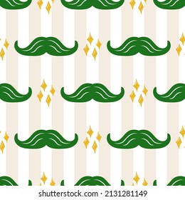 Seamless St. Patrick's Day pattern of Irish symbols. Green clover leaf and other hand drawn elements. Vector backgrounds for holiday invitation, greeting card or flyer