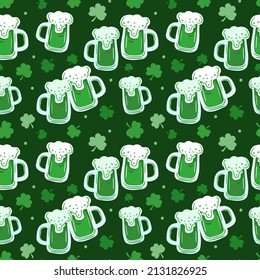 Seamless St. Patrick's Day pattern of Irish symbols. Green clover leaf and other hand drawn elements. Vector backgrounds for holiday invitation, greeting card or flyer