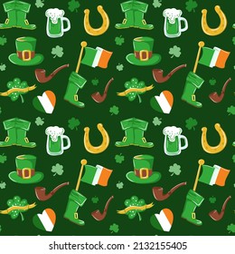 Seamless St. Patrick's Day pattern of Irish symbols. Green clover leaf and other hand drawn elements. Vector backgrounds for holiday invitation, greeting card or flyer