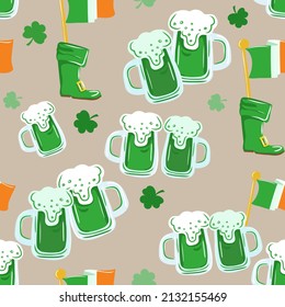 Seamless St. Patrick's Day pattern of Irish symbols. Green clover leaf and other hand drawn elements. Vector backgrounds for holiday invitation, greeting card or flyer