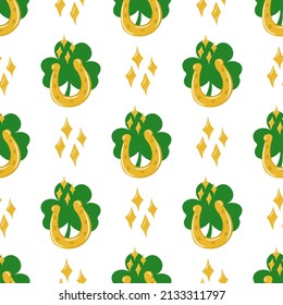 Seamless St. Patrick's Day pattern of Irish symbols. Green clover leaf and other hand drawn elements. Vector backgrounds for holiday invitation, greeting card or flyer