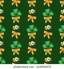 Seamless St. Patrick's Day pattern of Irish symbols. Green clover leaf and other hand drawn elements. Vector backgrounds for holiday invitation, greeting card or flyer