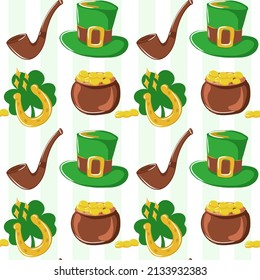 Seamless St. Patrick's Day pattern of Irish symbols. Green clover leaf and other hand drawn elements. Vector backgrounds for holiday invitation, greeting card or flyer