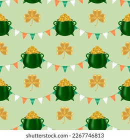 Seamless St. Patrick's Day pattern with Irish flag-inspired garland, golden shamrock, and a pot of gold coins. Perfect for wallpapers, fabrics, and wrapping paper. Vector illustration.