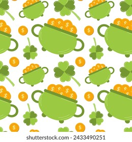 Seamless St. Patrick's Day pattern with clover and a pot of coins. template for textiles, interior design, book decoration, website background, invitation, greeting card, pub menu. Vector illustration