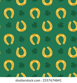 Seamless St. Patrick's Day pattern featuring clovers and horseshoes. Ireland Feast day