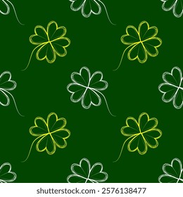 A seamless St. Patrick's Day pattern with hand-drawn white and yellow clovers on a green background. Perfect for festive decorations, wallpapers, and holiday designs.