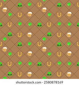 Seamless St. Patrick's Day pattern featuring green leprechaun hats, lucky clovers, golden horseshoes, and frothy beer mugs on a brown background with a subtle diamond grid. Perfect for festive designs