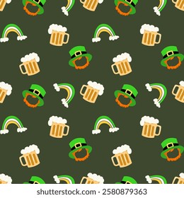 Seamless St. Patrick's Day pattern with leprechaun hats, beer mugs, and rainbows on a dark green background. Perfect for festive designs and decorations.