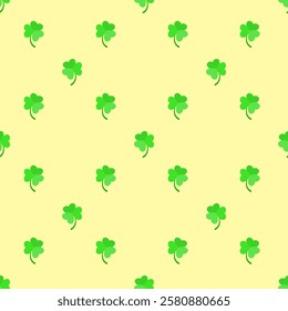 Seamless St. Patrick's Day pattern with green shamrocks on a light yellow background. Perfect for festive designs, textiles, wrapping paper, digital projects, and Irish-themed decorations.