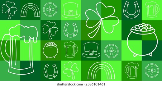 seamless st patrick's day pattern tile squares, with white elements shamrock pot with coins beer pint hat coin horseshoe rainbow background 