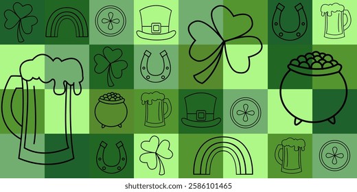 seamless st patrick's day pattern background tile squares, with black elements beer shamrock pot with coins hat coin horseshoe rainbow 