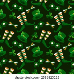 Seamless St. Patrick's Day pattern on a dark green background. Leprechaun hats, striped socks, shoes, shamrocks, bows, and glasses