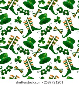 Seamless St. Patrick's Day pattern with top hats, boots, shamrocks, bow ties, and clover glasses. For wallpaper, wrapping paper, textile, greeting card, invitation, background. Vector illustration