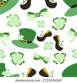 Nahtloses st patricks Tagesmuster mit Shamrocks und Leprechaun Hüten für Urlaubsverpackungen Kleidung und festliche Drucke erstellt