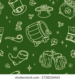 Padrão de dia de St Patricks sem costura com ícones contorno de canecas de cerveja, moedas, trevos, chapéu de leprechaun em verde para papel de embrulho festivo, cartões de felicitações de férias, impressões têxteis, convites de festa.Vetor 