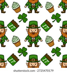 Padrão do vetor Dia de São Patrício sem costura com leprechauns, trevos e cupcakes