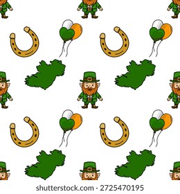 Seamless St. Patrick's Day vector pattern with leprechauns, horseshoes, and Irish maps