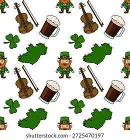 Seamless St. Patrick's Day vector pattern with leprechauns, shamrocks, violins, beer mugs, and Ireland map