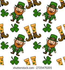 Seamless St. Patrick's Day vector pattern with cheerful leprechauns, shamrocks, and festive boots