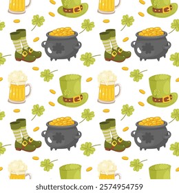 Seamless St. Patricks pattern. Beer, hat, shoes and striped gaiters. On background, wrapping paper, fabric